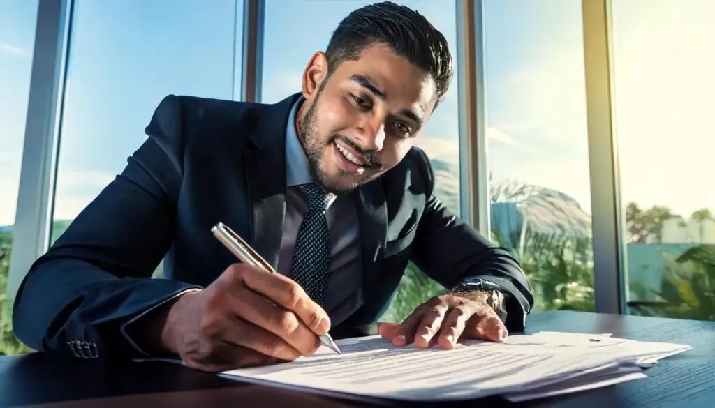 A business owner reviewing and signing surety bond documents