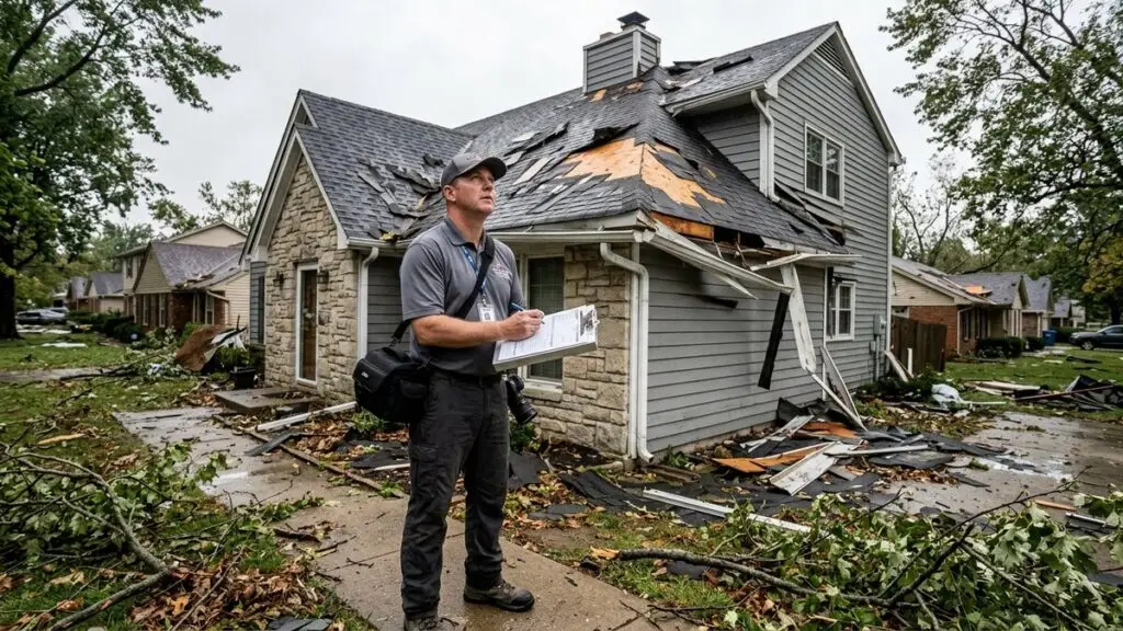 Insurance adjuster with clipboard inspecting storm damage on a house exterior