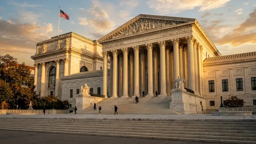 Grand courthouse exterior with stone columns and steps in morning light