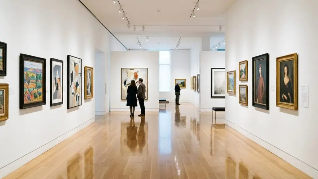 Elegant art gallery interior with framed paintings on white walls