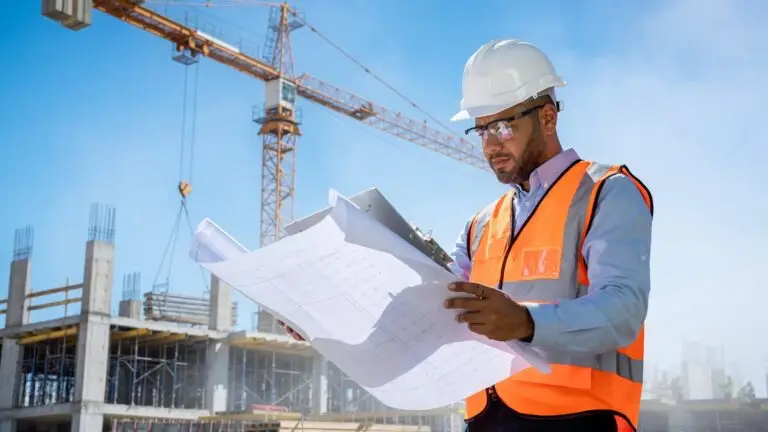 Construction contractor reviewing blueprints at an active building site with a crane in the background