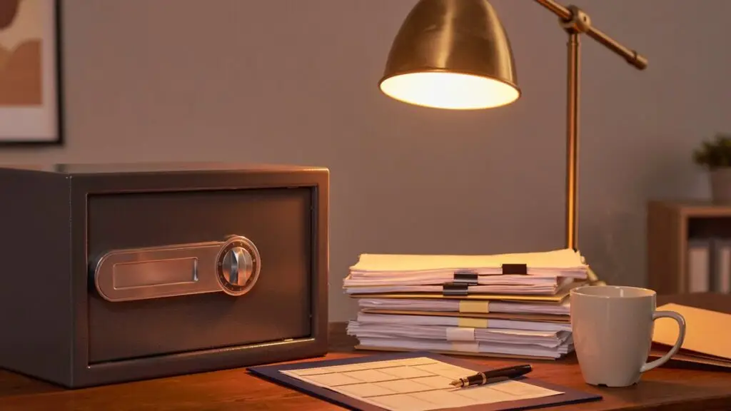 Office safe beside neat stacks of financial documents under warm desk lamp light