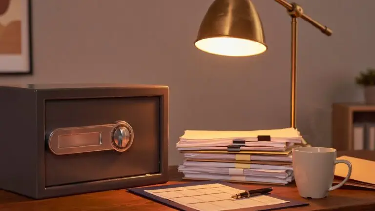 Office safe beside neat stacks of financial documents under warm desk lamp light