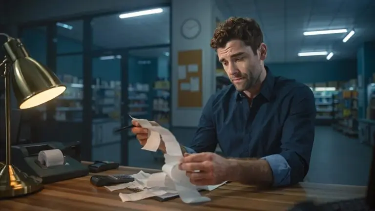 Business owner reviewing register receipts late at night in an empty retail store