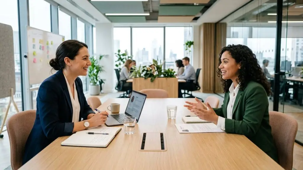 Recruiter interviewing a job candidate across a table in a bright modern office