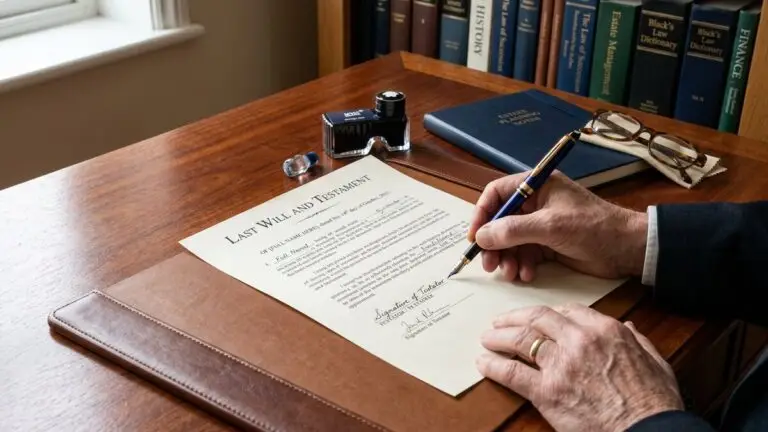Last will and testament document being signed with a fountain pen on a mahogany desk