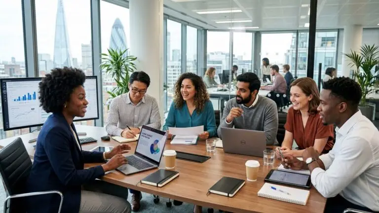 Business team collaborating around a conference table in a modern office