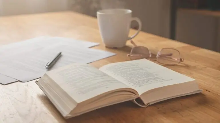 Open reference book beside reading glasses and documents on a wooden desk