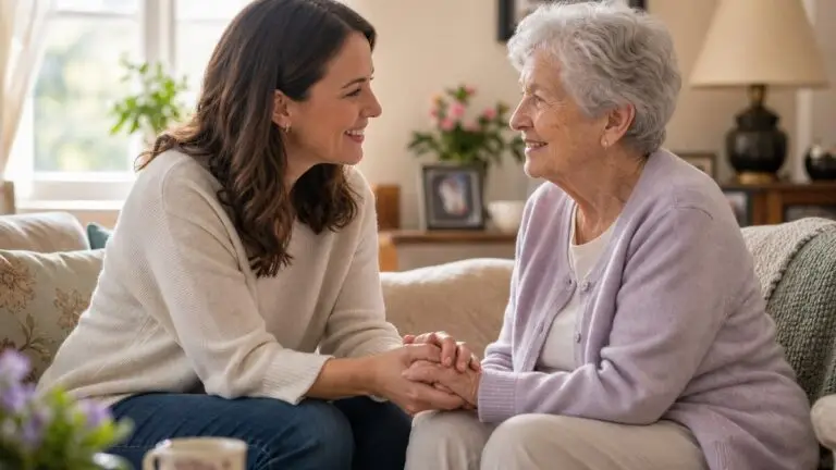Adult daughter warmly holding hands with her elderly mother in a sunlit living room