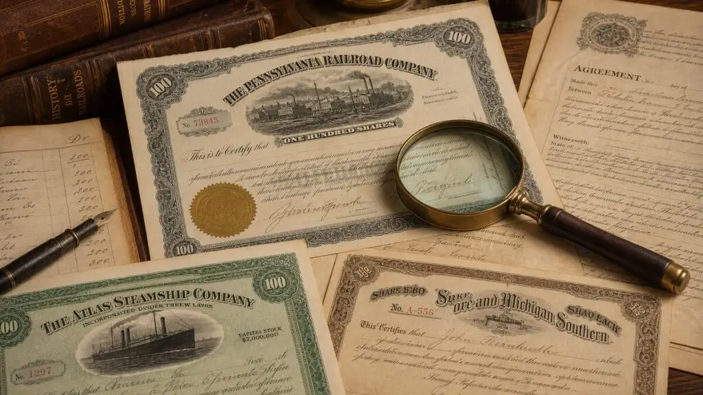 Vintage stock certificates and legal documents spread on a desk with a magnifying glass