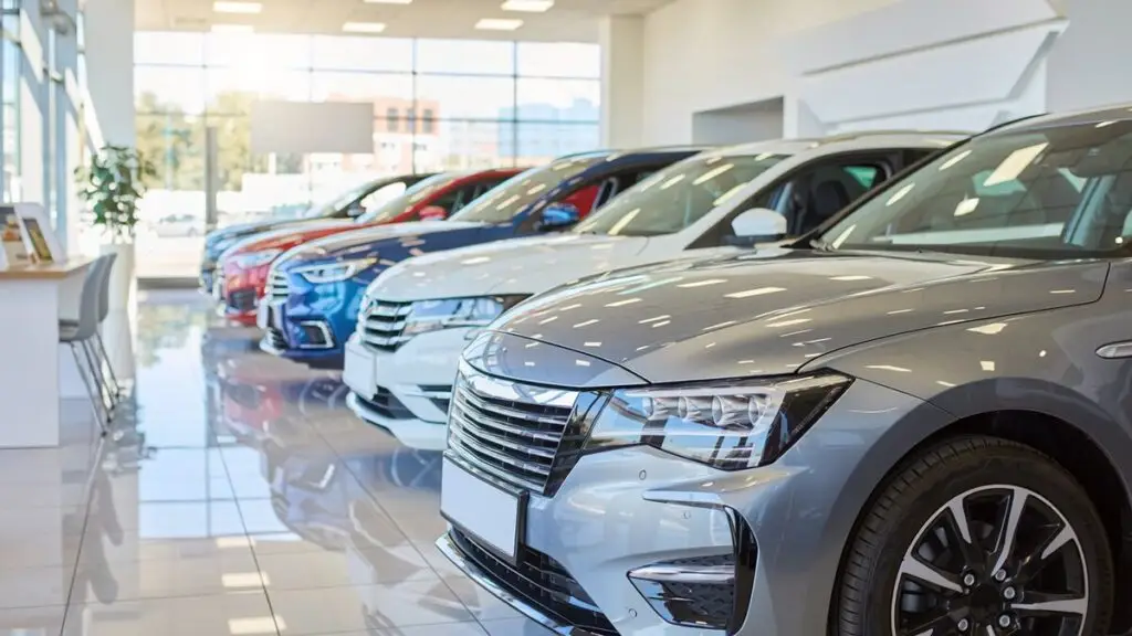 Cars lined up in a bright modern dealership showroom