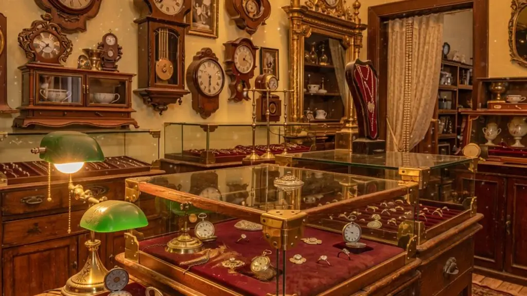 Vintage secondhand shop interior with antiques, watches and jewelry display cases