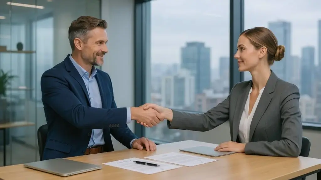 Two professionals shaking hands across a desk with signed contract documents in a modern office