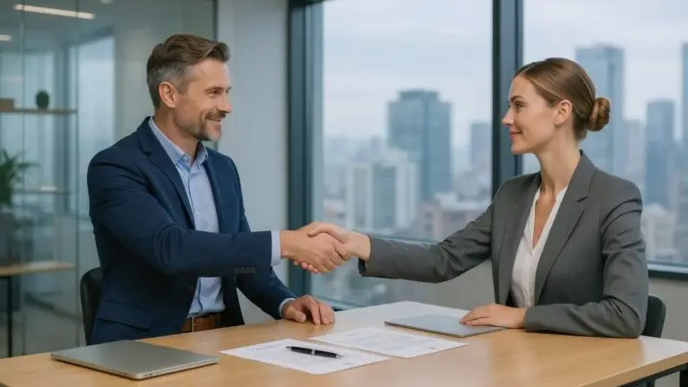 Two professionals shaking hands across a desk with signed contract documents in a modern office