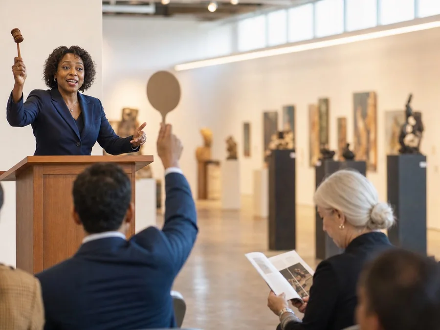 Auctioneer calling bids to a diverse crowd of bidders at a contemporary auction house