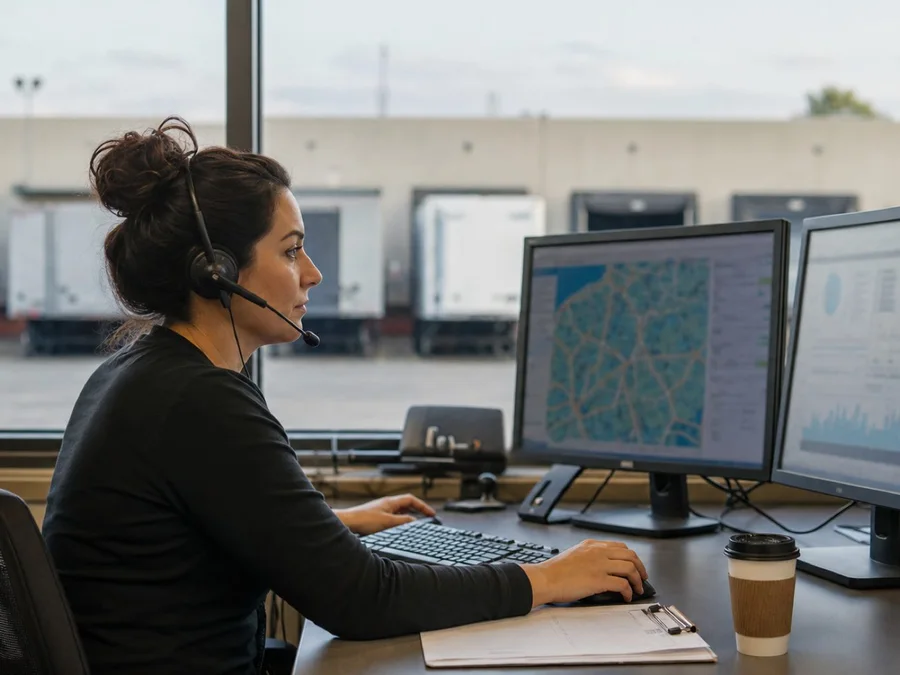 Freight broker coordinating loads from a dispatch office overlooking a truck yard