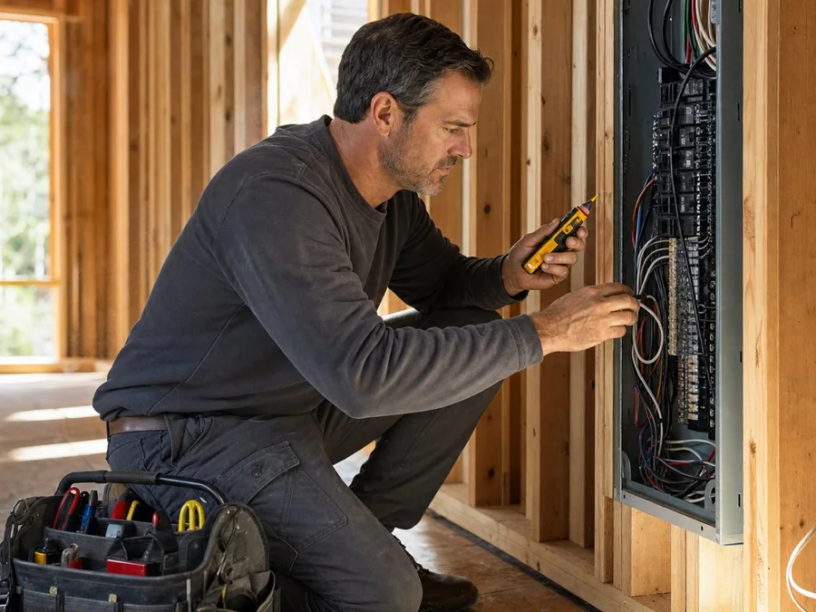 Licensed tradesperson working on an electrical panel in a home under construction
