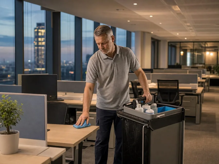 Uniformed commercial cleaner working in an office building after hours