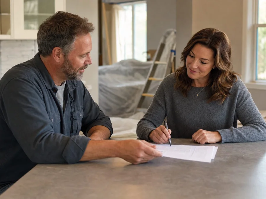 Contractor and property owner reviewing paperwork together in a renovated home