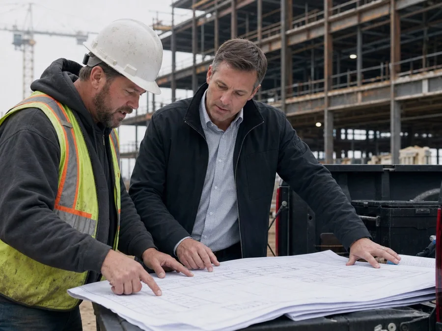 Site superintendent and project owner reviewing construction drawings on a jobsite