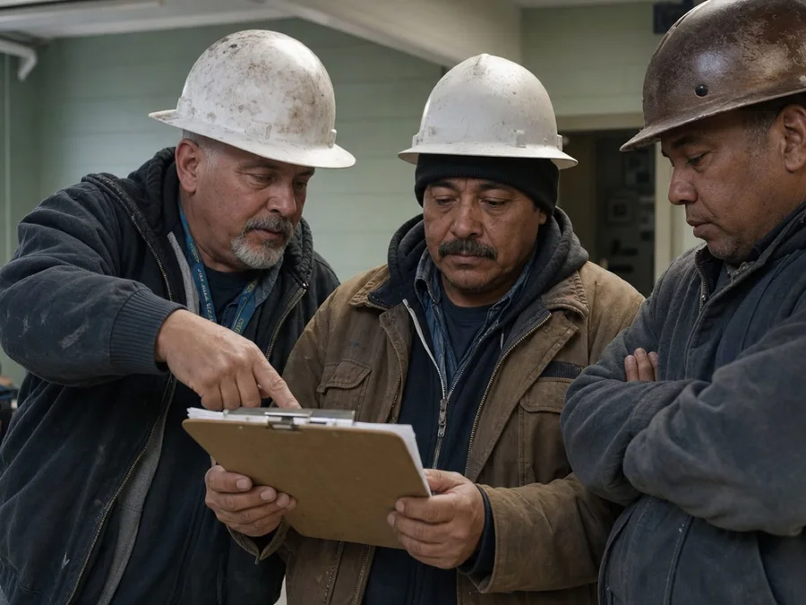 Union tradesworkers reviewing a payroll schedule together in a union hall